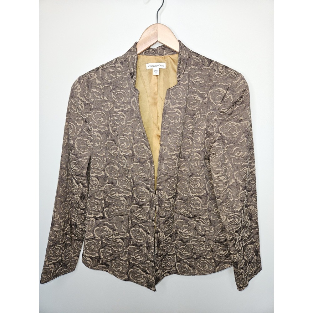 Coldwater Creek Blazer Jacket 16 Brown Gold Floral Jacquard Cotton Coastal Chic